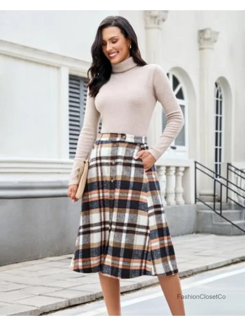 Women's High Waisted A-Line Plaid Midi Skirt with Pockets Fall Winter